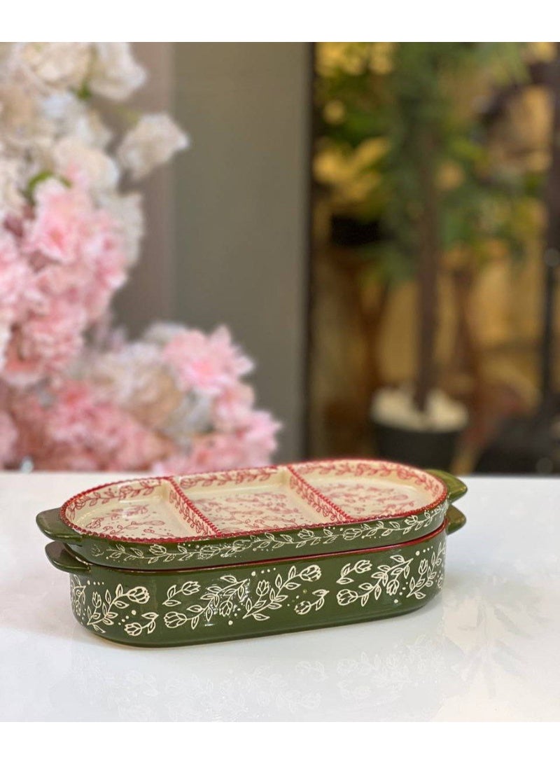 طقم طاجن بورسلين حراري 2 دور مقسم 3 خانه 30 سم - Image 2