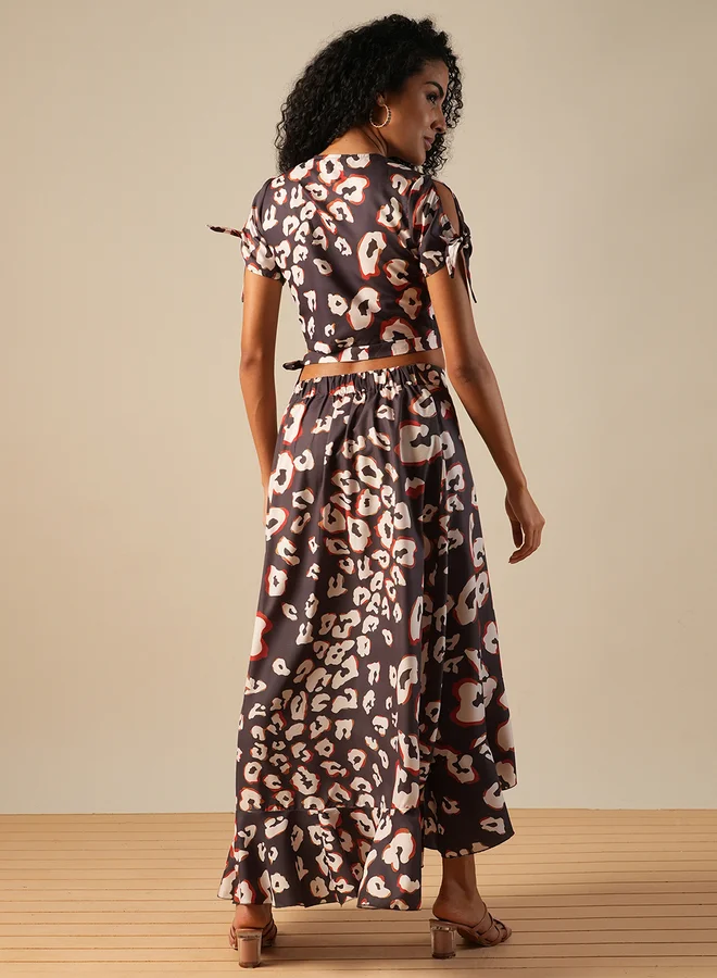 globus Globus Leopard Print Wrap V Neck Crop Top and Ruffled Skirt Co-Ords