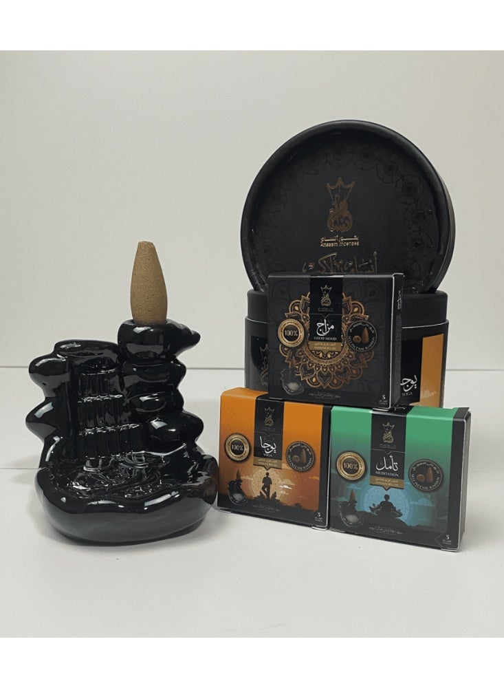 بخور أنسام مجموعة أنسام ريلاكس - جديد - بخور هرمي ذكي الإشتعال - تحتوي علي 3 عبوات صغيرة بروائح مختلفة (يوجا - تأمل - مزاج) - بالإضافة إلي شلال البخور الذكي - Image 1