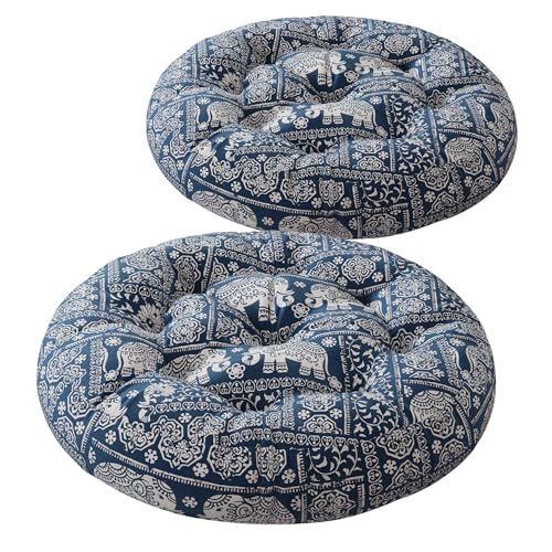 Codi Meditation Floor Pillow, Boho Pillows Seating for Adults and Kids, Large Cushion for Yoga Living Room Tatami Sitting, Memory Foam Added, 22x22 Inch Pack of 2, Round - Indigo Elephant - Image 1