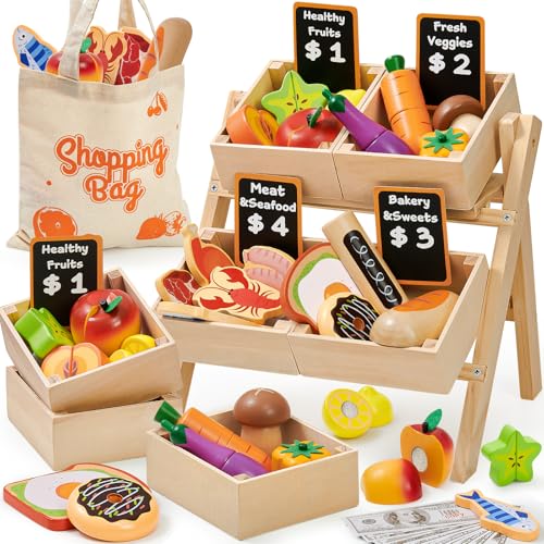 Toyssa 40 Pcs Wooden Play Food Set with Grocery Store Shelf Cutting Toys Pretend Play Kitchen Accessories for Toddlers Kids Educational Farmers Market Role Play Gifts for Girls Boys 37 Years - Image 1