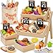Toyssa 40 Pcs Wooden Play Food Set with Grocery Store Shelf Cutting Toys Pretend Play Kitchen Accessories for Toddlers Kids Educational Farmers Market Role Play Gifts for Girls Boys 37 Years - Image 2