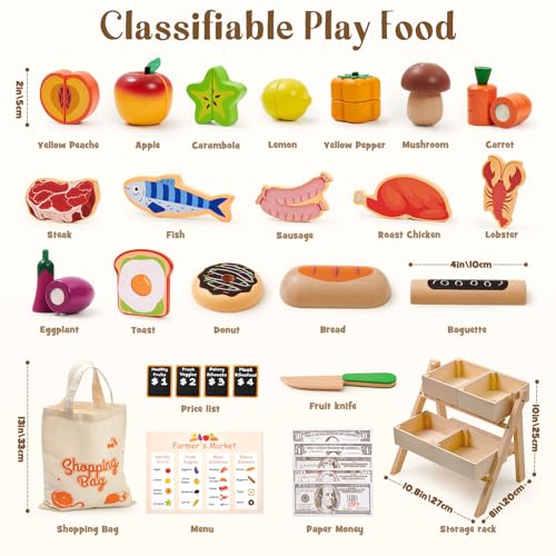 Toyssa 40 Pcs Wooden Play Food Set with Grocery Store Shelf Cutting Toys Pretend Play Kitchen Accessories for Toddlers Kids Educational Farmers Market Role Play Gifts for Girls Boys 37 Years - Image 5