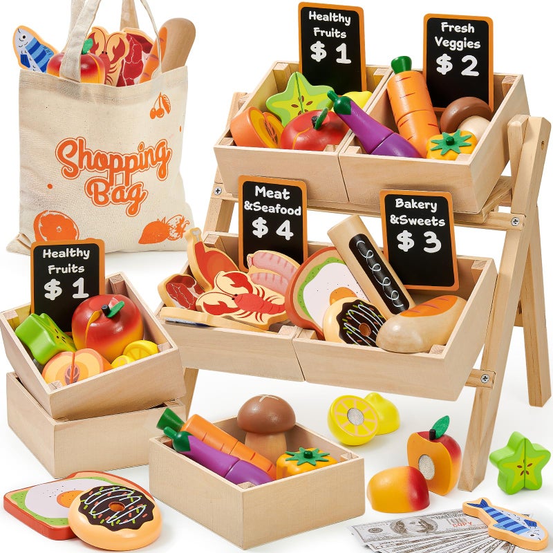 Toyssa 40 Pcs Wooden Play Food Set with Grocery Store Shelf Cutting Toys Pretend Play Kitchen Accessories for Toddlers Kids Educational Farmers Market Role Play Gifts for Girls Boys 37 Years - Image 3