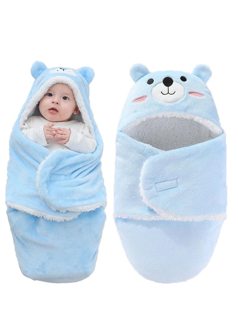 Mmmon Baby Hooded Fleece Swaddle Blanket Newborn Fannel Cartoon Receiving Blanket Soft Plush Sleeping Bag Sack Stroller Wrap for Infants Girl Boy 0-6Months (Blue Rabbit,0-6Months)  - Image 1