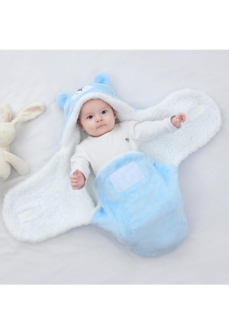 Mmmon Baby Hooded Fleece Swaddle Blanket Newborn Fannel Cartoon Receiving Blanket Soft Plush Sleeping Bag Sack Stroller Wrap for Infants Girl Boy 0-6Months (Blue Rabbit,0-6Months)  - Image 2