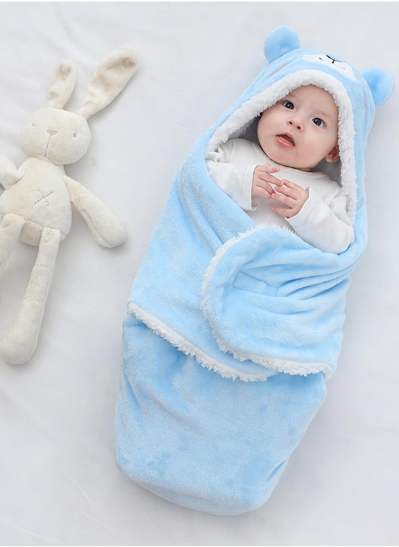 Mmmon Baby Hooded Fleece Swaddle Blanket Newborn Fannel Cartoon Receiving Blanket Soft Plush Sleeping Bag Sack Stroller Wrap for Infants Girl Boy 0-6Months (Blue Rabbit,0-6Months)  - Image 3