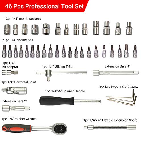 AGARO 46-Piece 1/4 Inch Square Drive Metric Socket Set, Chrome Vanadium Steel Sockets & Bits with Storage Case, Black - Image 2