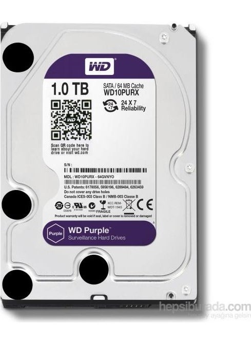 Nusrat Bilişim 1 Tb WD 3.5 Purple Sata3 5400RPM 64MB 24/7 Security WD10PURZ (3 Years Official Foreign Warranty)  - Image 1