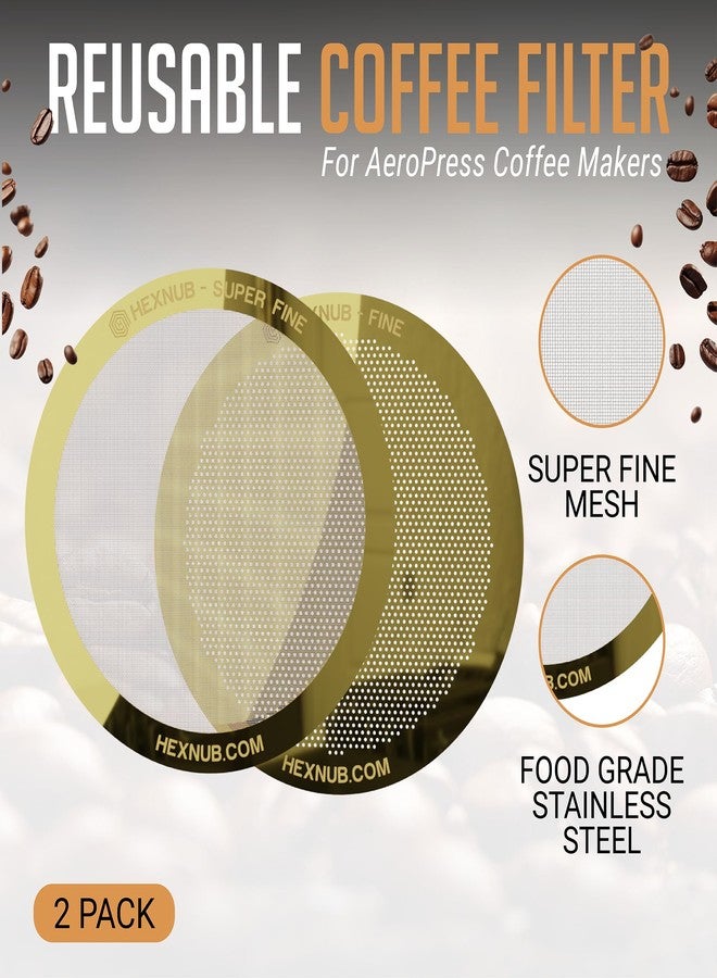 HEXNUB - Reusable Metal Filters for AeroPress Coffee Maker, Stainless Steel Filter Fits AeroPress Original & Go Cafe Press, Fuller Bodied Coffee Than Paper Filters - GOLD 2-PACK - Image 2