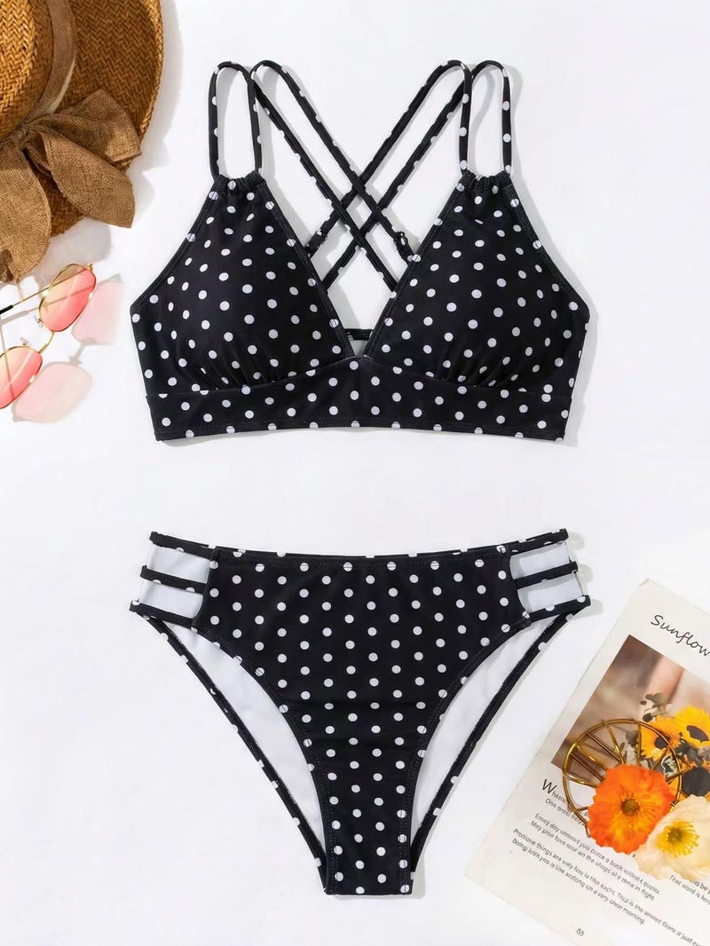Tainehs Women's Push Up V Neck Bikini Sets Criss Cross Back Two Piece Bathing Suit Polka Dots - Image 4