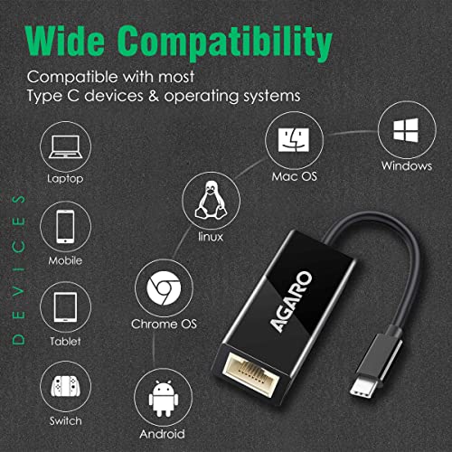 AGARO (USB C) Type C to Ethernet Adapter RJ45 to Thunderbolt 3 Type C Gigabit Network LAN 1000Mbps Converter Compatible with All Type C Devices, Black - Image 3