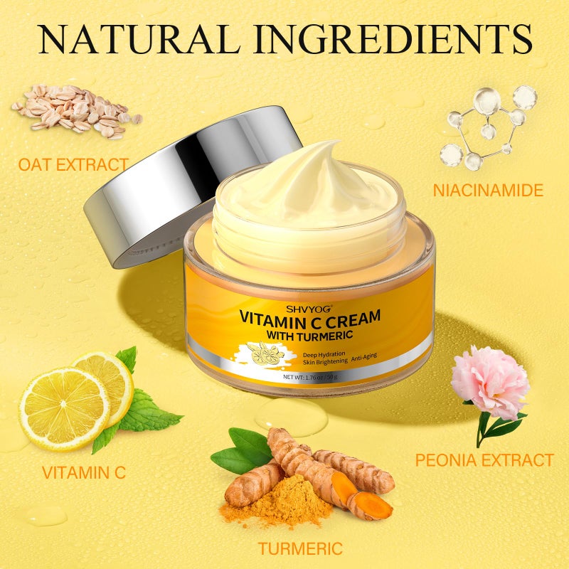 SHVYOG Vitamin C Face Moisturizer, Turmeric Face Cream, Anti-aging Hydration Skin Firming & Brightening Cream for Dark Spots, Wrinkles, Uneven Skin Tone, Vitamin C Lotion for Instant Glow, 1.76 OZ - Image 2