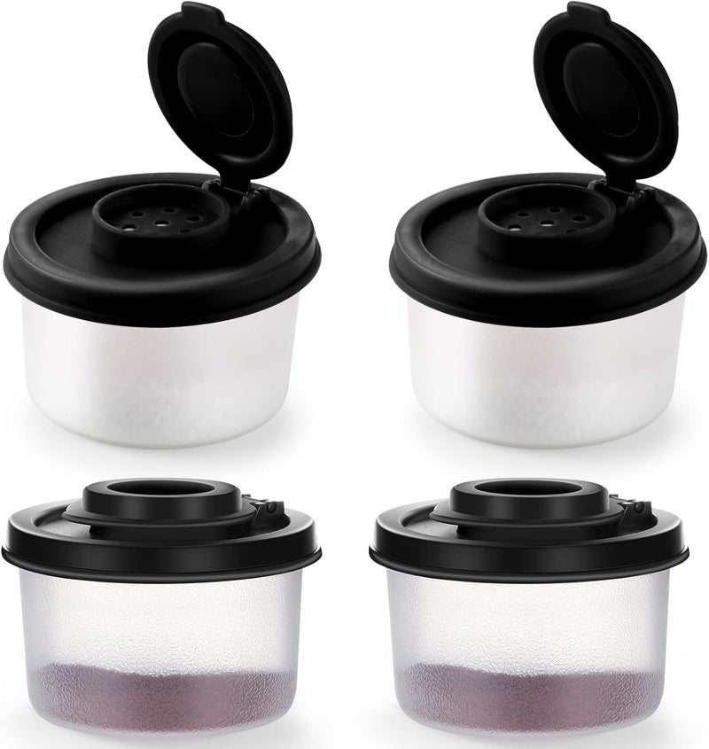 Aedida 4 Pcs Salt and Pepper Shakers Set Mini Plastic Pepper Shaker with Lid Damp Proof Popcorn Containers Clear Spice Jars Salt Shaker for Travel Camping Picnic Lunch Dining Kitchen (Black, Small) - Image 1