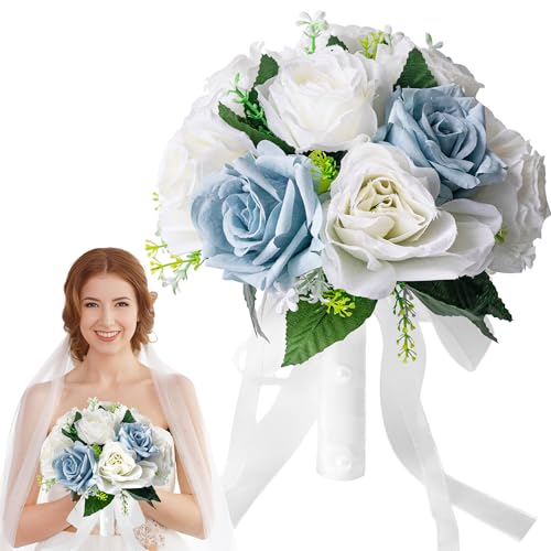 Qeedy Wedding Bouquets for Bride Bridesmaid Realistic Silk Flowers Artificial Roses 8 Inch Bridesmaid Bouquet for Ceremony Church Anniversary and Home Decoration White Blue - Image 1