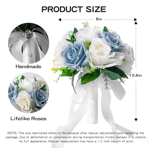 Qeedy Wedding Bouquets for Bride Bridesmaid Realistic Silk Flowers Artificial Roses 8 Inch Bridesmaid Bouquet for Ceremony Church Anniversary and Home Decoration White Blue - Image 3
