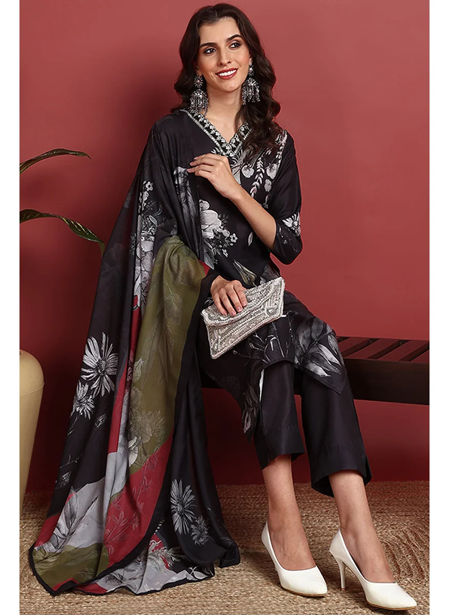 زيري سوق Black Rayon Blend Floral Printed Straight 3-Piece Kurta Set