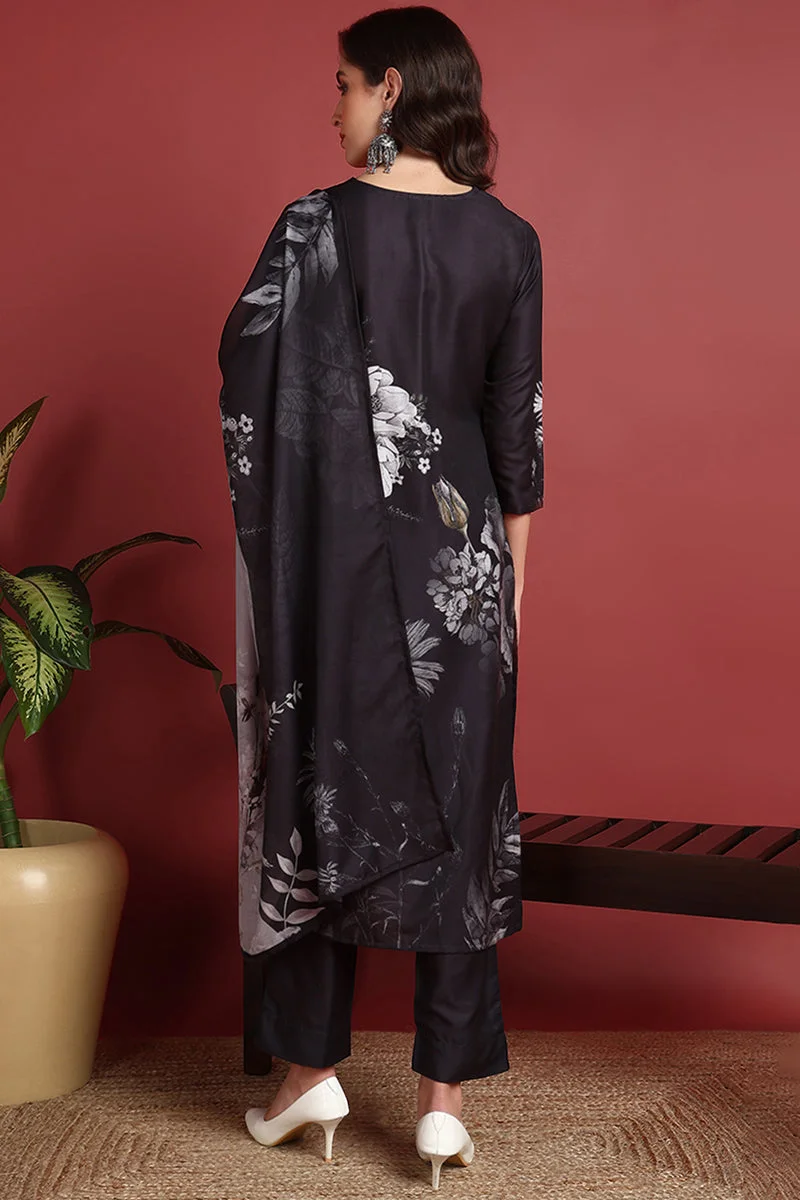 ZERESOUQ Black Rayon Blend Floral Printed Straight 3-Piece Kurta Set