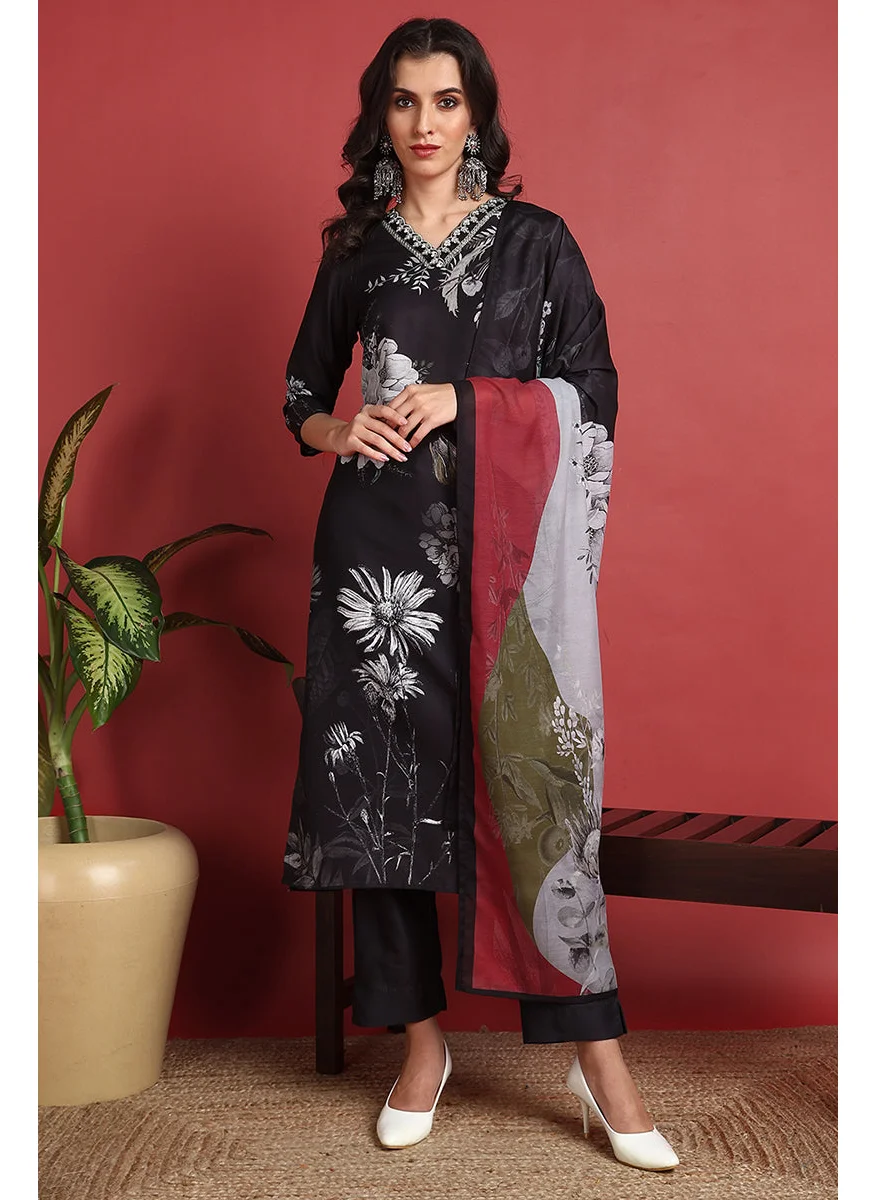 زيري سوق Black Rayon Blend Floral Printed Straight 3-Piece Kurta Set