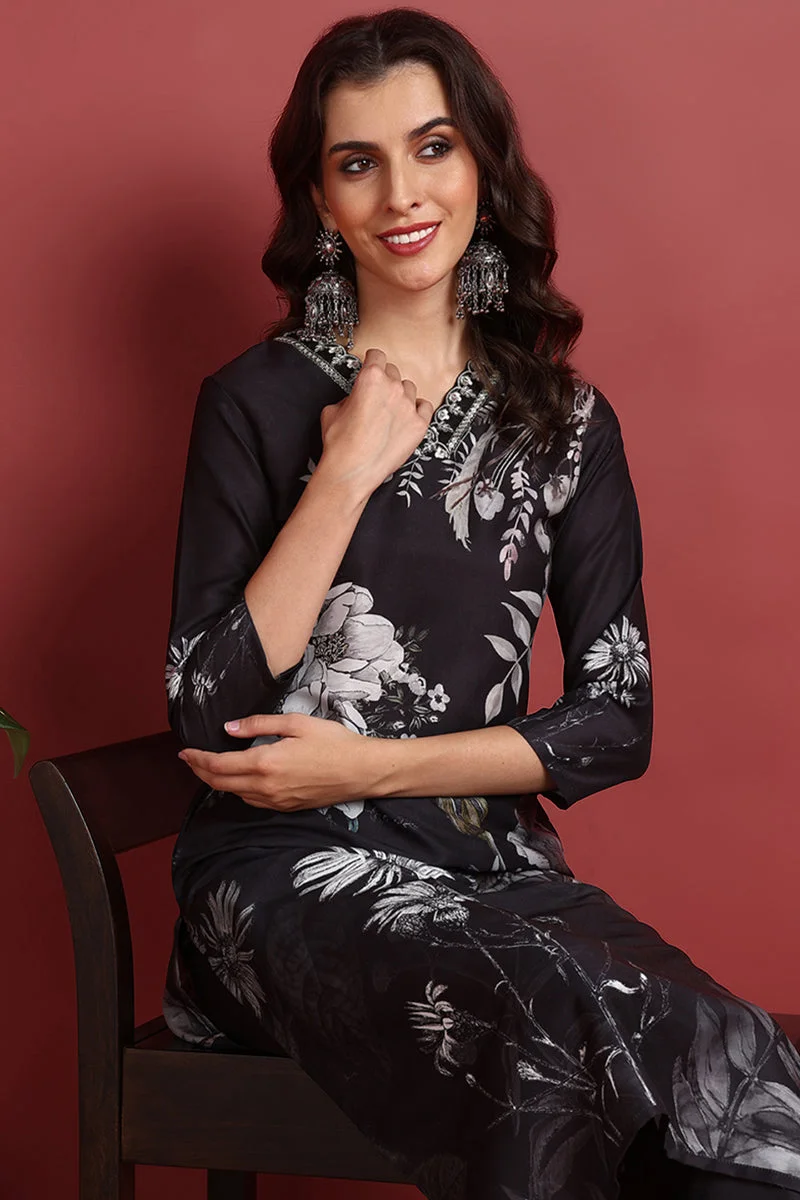 ZERESOUQ Black Rayon Blend Floral Printed Straight 3-Piece Kurta Set