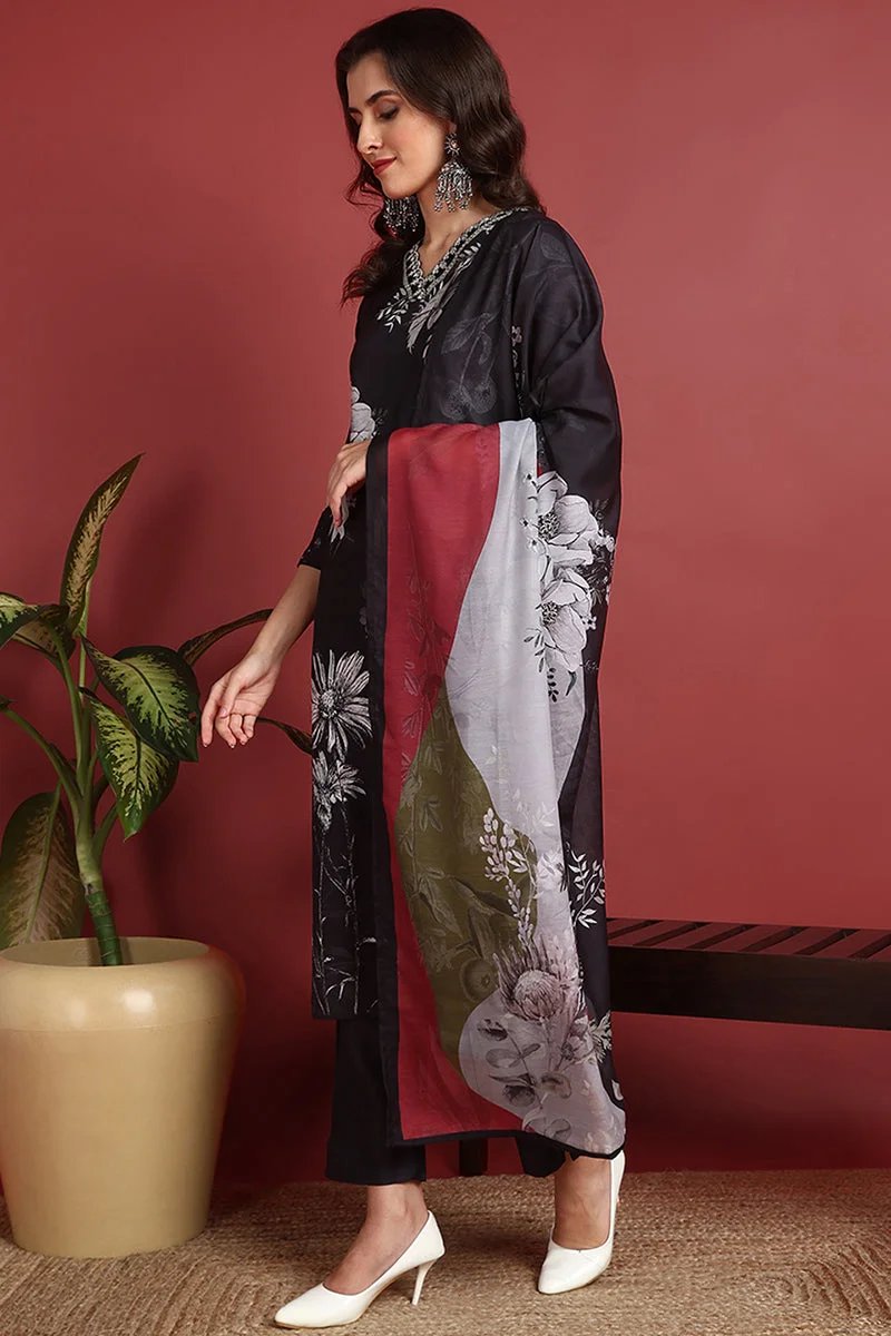 ZERESOUQ Black Rayon Blend Floral Printed Straight 3-Piece Kurta Set