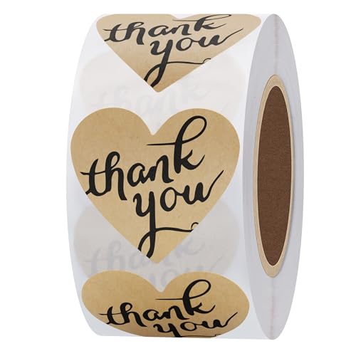 Hybsk Love Heart Kraft Paper Thank You Stickers with Heart 1.5 Inch Adhesive Labels 500 Per Roll (Kraft) - Image 1