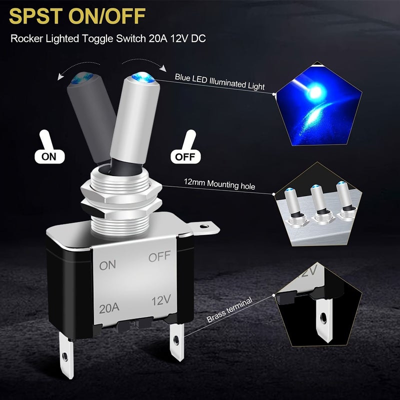 5 مفاتيح تبديل بيضاء من نوع SPST 12V 20A تشغيل إيقاف 3 أسنان مع LED للسيارة والقوارب والعربات الترفيهية - Image 3