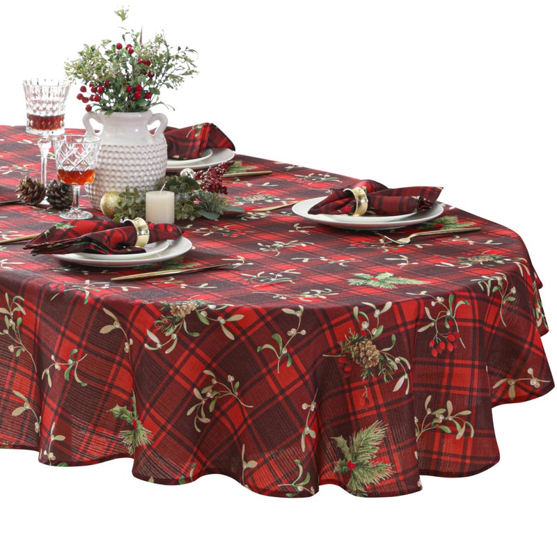 Newbridge Holiday Spruce Plaid Christmas Fabric Tablecloth Holly Evergreens Acorn and Red Plaid Print Xmas Soil Resistant No Iron Easy Care Tablecloth 60 Inch x 84 Inch Oval