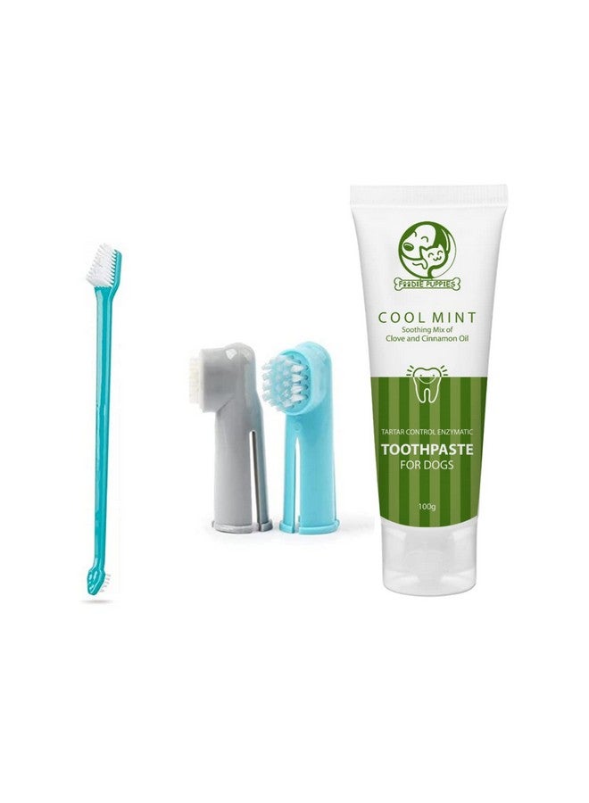 Pet Dental Oral Care Kit Combo - (Coolmint Toothpaste- 100G + 3Pcs Toothbrush) For Dogs | Soothes Inflame Gums, Remove Bad Breath, And Mix Of Clove & Cinnamon Oil For Dogs And Puppies - Image 1
