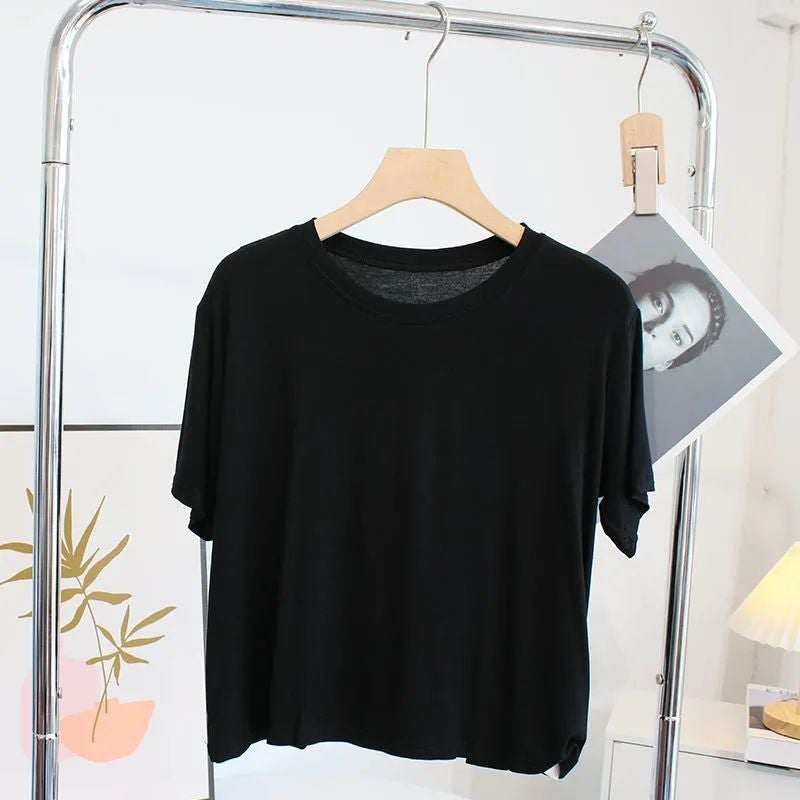 Super Hand-Feel Short Modal T-Shirt Women'S Niche Summer 2024 Slim-Fit Slimming Round Neck Short-Sleeve Solid Color Base Shirt - Image 1