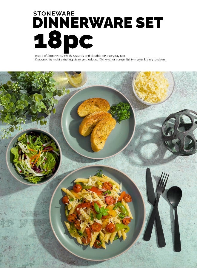 Feelings 18-Piece Stoneware Dinner Set Plates, Dishes, Bowls, Serves 6 Green - Image 4