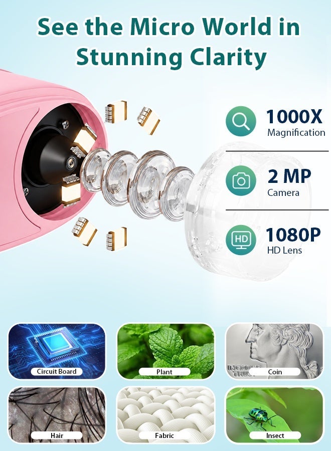 Kids Microscope, 1000X Digital Childrens Magnifying Microscope with 2.0" Touchscreen, 1080P HD, LED Light, 600mAh, Portable Glass Miniscope, Birthday Festival Gifts for Boys and Girls Age 3-12 Years Old - 32G SD Card - Image 3