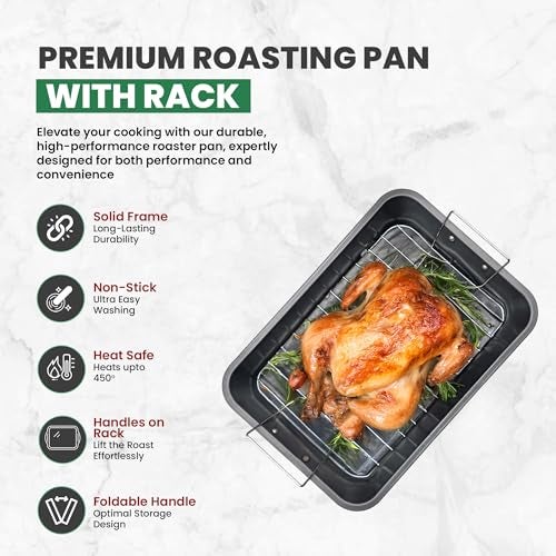 CULINARIN Roasting Pan With Rack 11" x 15" - Non Stick Large Roaster Pan and Flat Rack with Foldable Handles - Roasting Pans for Ovens to Elevate Food for Even Heating - Dishwasher Safe Turkey Roast Pot - Image 2