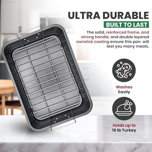 CULINARIN Roasting Pan With Rack 11" x 15" - Non Stick Large Roaster Pan and Flat Rack with Foldable Handles - Roasting Pans for Ovens to Elevate Food for Even Heating - Dishwasher Safe Turkey Roast Pot - Image 5