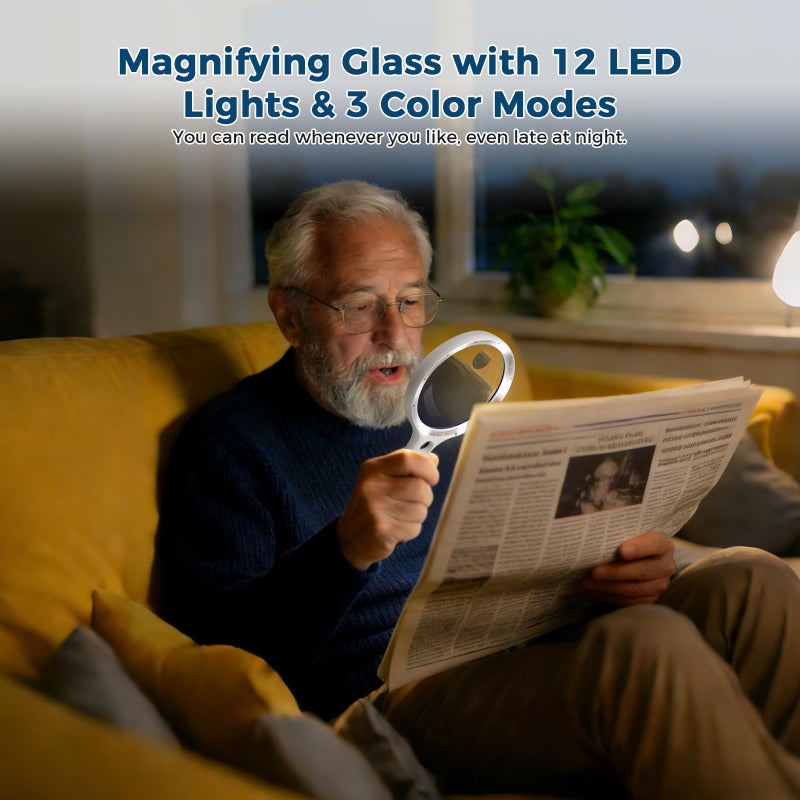 NAZANO Large Magnifying Glass with Lights,10X 25X 45X 60X Handheld Illuminated Lighted Magnifier, 5in Page Reading Magnifier with 12 LED Lights for Seniors Reading, Coins, Jewelry, Close Work - Green - Image 5