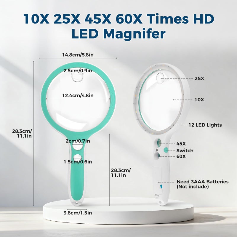 NAZANO Large Magnifying Glass with Lights,10X 25X 45X 60X Handheld Illuminated Lighted Magnifier, 5in Page Reading Magnifier with 12 LED Lights for Seniors Reading, Coins, Jewelry, Close Work - Green - Image 4