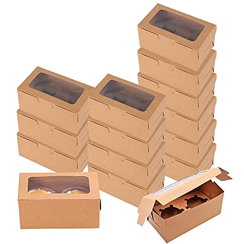 Ehdching Bakery Cupcake Box, Kraft Paper Cake Boxes with Clear Window and Inserts, Mini Cupcake Carriers for Dessert, Pastry, Treat Boxes (Set of 15) - Image 1