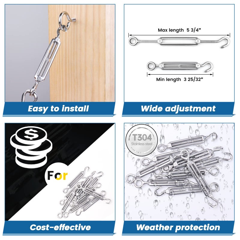 Muzata 5 Pack M4 Turnbuckle Hook and Eye Turnbuckles for Cable Wire T304 Stainless Steel Cable Tensioner Heavy Duty Wire Rope Kit for DIY String Light Picture Hanging Tension CN09 - Image 3