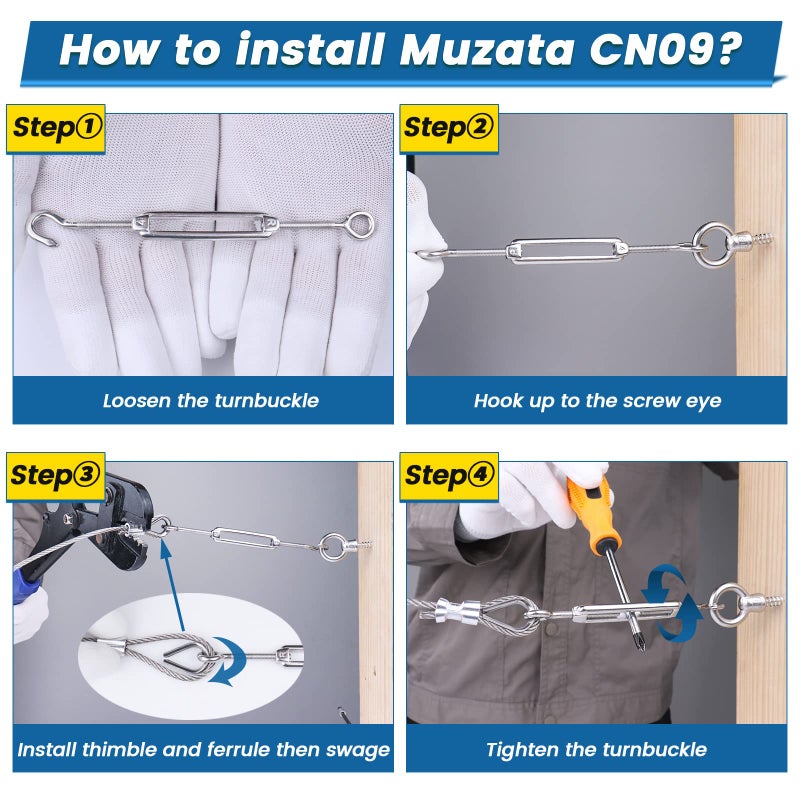 Muzata 5 Pack M4 Turnbuckle Hook and Eye Turnbuckles for Cable Wire T304 Stainless Steel Cable Tensioner Heavy Duty Wire Rope Kit for DIY String Light Picture Hanging Tension CN09 - Image 4