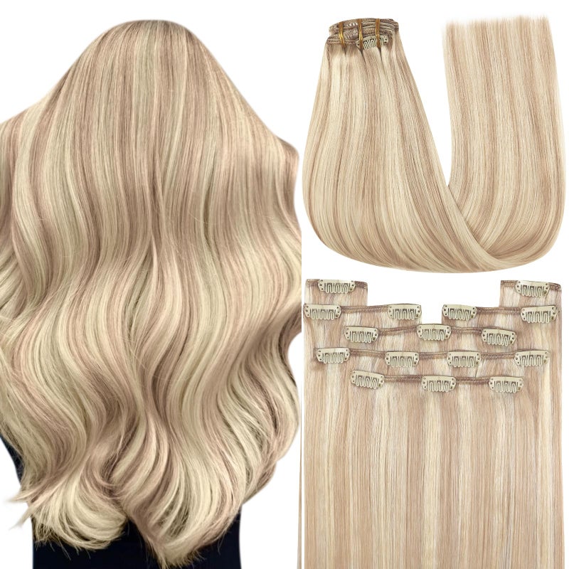 YoungSee Clip in Hair Extensions Blonde Highlight Remy Human Hair Clip in Extensions Warm Ash Blonde Highlights Bleach Blonde Clip in Hair Extensions Real Human Hair for Thinning Hair 120G 14Inch 7Pcs