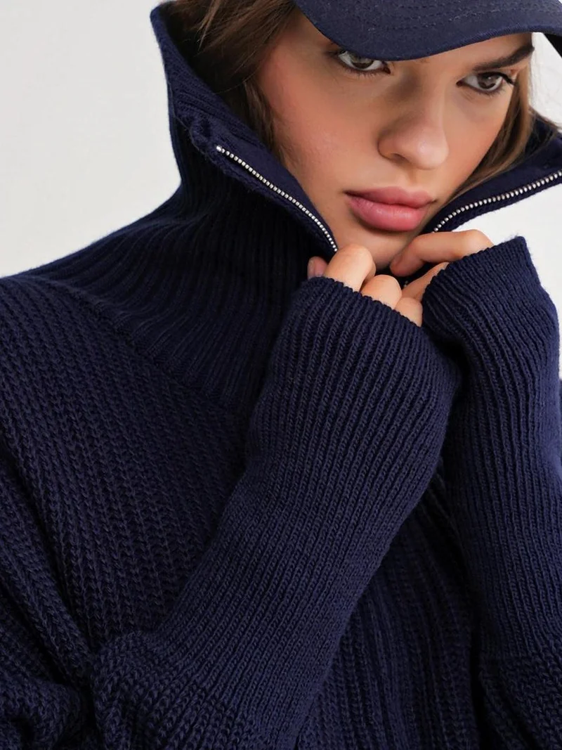 MixRay Mixray Zipped Collar Oversize Textured Knit Cardigan