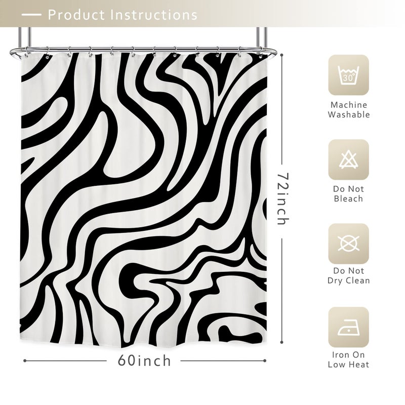ريديكور Riyidecor Retro Black White Shower Stain 60wx72H inch Abstract 70s Art Waves Stripes هندسة 60s خمر جمالية بسيطة - Image 3