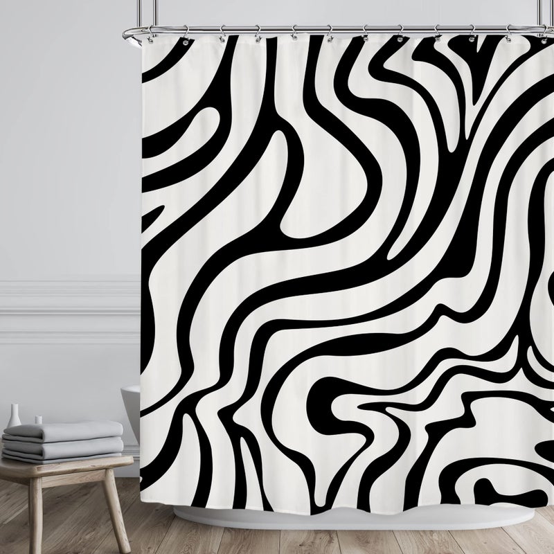 ريديكور Riyidecor Retro Black White Shower Stain 60wx72H inch Abstract 70s Art Waves Stripes هندسة 60s خمر جمالية بسيطة - Image 2