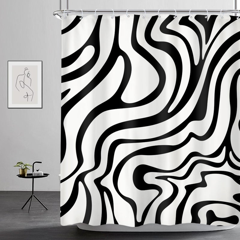 ريديكور Riyidecor Retro Black White Shower Stain 60wx72H inch Abstract 70s Art Waves Stripes هندسة 60s خمر جمالية بسيطة - Image 1