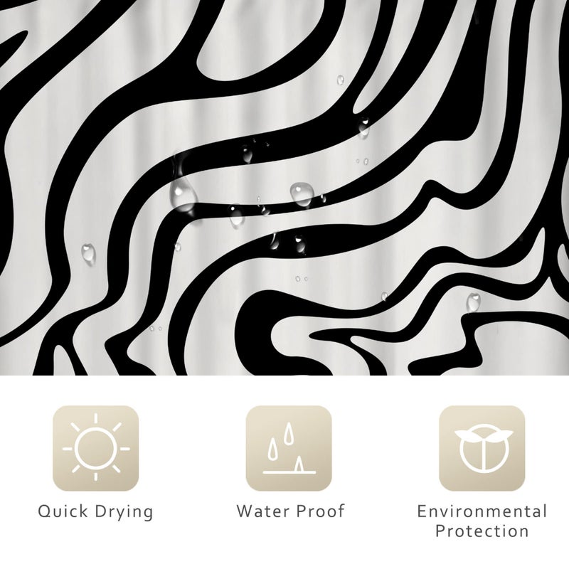 ريديكور Riyidecor Retro Black White Shower Stain 60wx72H inch Abstract 70s Art Waves Stripes هندسة 60s خمر جمالية بسيطة - Image 5