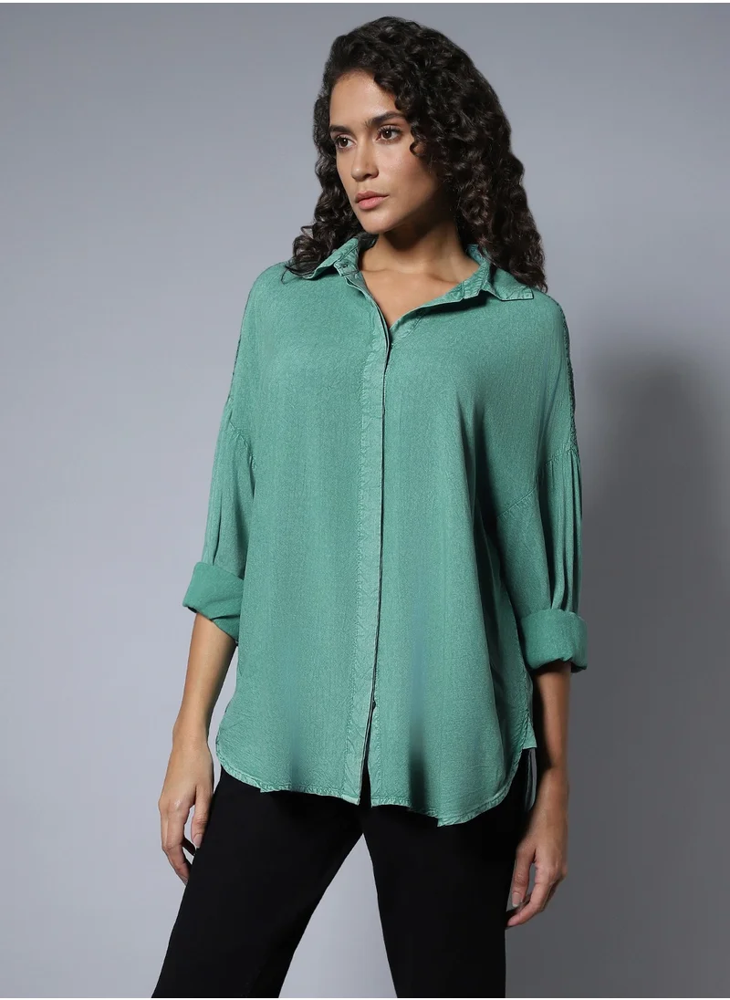 هاي ستار Solid Pattern Button Closure Forest Green Oversized Shirt for Women- Perfect for Comfortable and Stylish Wear