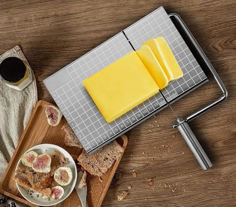 Azonee Stainless Steel Cheese Slicer, Stainless Steel Cheese Cutter with 6 Replacement Wires, Butter Cutter, Ham Divider, Cheese Dicer, Metal Cheese Cutter and Cutting Board - Image 1