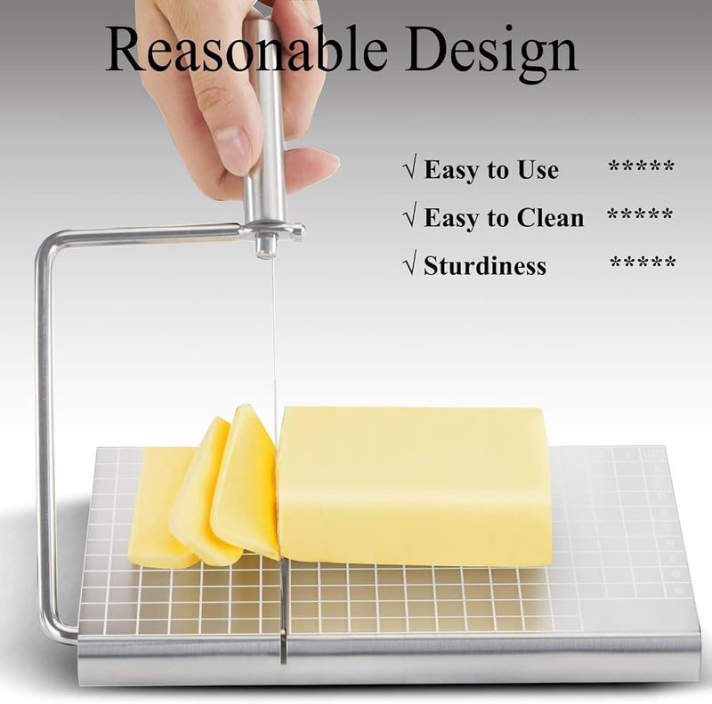 Azonee Stainless Steel Cheese Slicer, Stainless Steel Cheese Cutter with 6 Replacement Wires, Butter Cutter, Ham Divider, Cheese Dicer, Metal Cheese Cutter and Cutting Board - Image 3