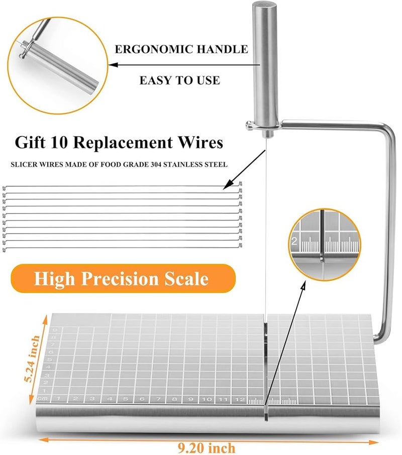 Azonee Stainless Steel Cheese Slicer, Stainless Steel Cheese Cutter with 6 Replacement Wires, Butter Cutter, Ham Divider, Cheese Dicer, Metal Cheese Cutter and Cutting Board - Image 4
