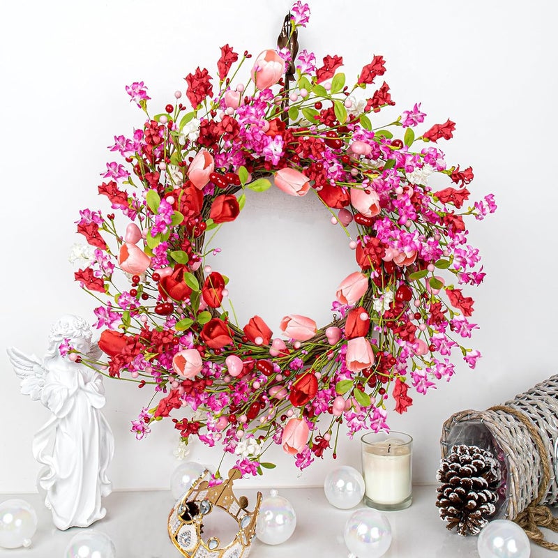 Yawwind 22 Inches Valentine Wreath Red Valentines Wreaths for Front Door Valentine's Day Flower Wreath with Tulips Heart Berry for Window Porch Indoors Outside - Image 4